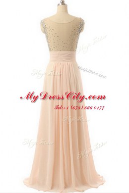Scoop Peach Sleeveless Beading and Sequins and Belt Side Zipper Evening Dress