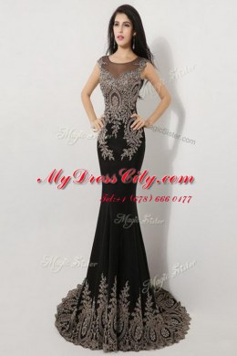 Smart Mermaid Scoop Floor Length Black Homecoming Dress Silk Like Satin Brush Train Sleeveless Appliques