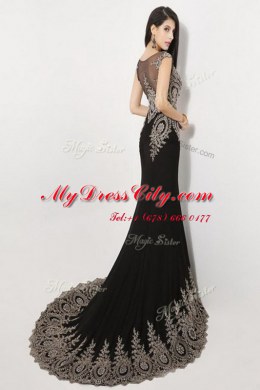 Smart Mermaid Scoop Floor Length Black Homecoming Dress Silk Like Satin Brush Train Sleeveless Appliques