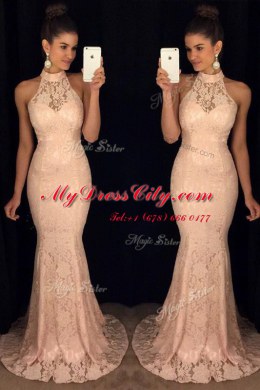 Shining Mermaid Halter Top Lace Prom Evening Gown Baby Pink Backless Sleeveless With Brush Train