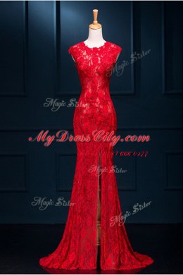 Mermaid Scoop Sleeveless Homecoming Dress Floor Length Lace Red Lace