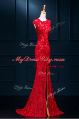 Mermaid Scoop Sleeveless Homecoming Dress Floor Length Lace Red Lace