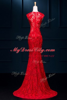 Mermaid Scoop Sleeveless Homecoming Dress Floor Length Lace Red Lace