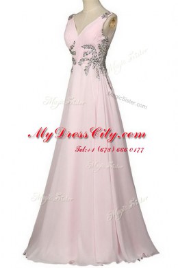 High End Brush Train Column/Sheath Prom Gown Baby Pink V-neck Chiffon Sleeveless With Train Zipper