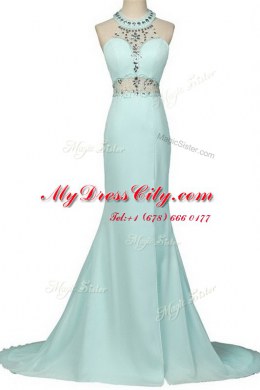 Spectacular Mermaid Light Blue Chiffon Zipper Halter Top Sleeveless With Train Prom Evening Gown Brush Train Beading