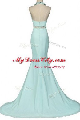 Spectacular Mermaid Light Blue Chiffon Zipper Halter Top Sleeveless With Train Prom Evening Gown Brush Train Beading