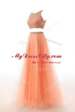 Spectacular Scoop Orange Sleeveless Sweep Train Beading and Belt Prom Gown