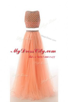 Spectacular Scoop Orange Sleeveless Sweep Train Beading and Belt Prom Gown