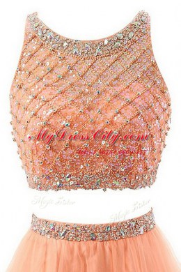 Spectacular Scoop Orange Sleeveless Sweep Train Beading and Belt Prom Gown