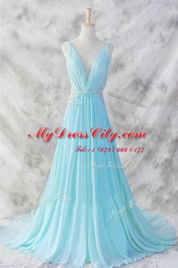 Baby Blue Backless Dress for Prom Belt Sleeveless Brush Train