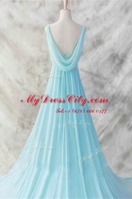 Baby Blue Backless Dress for Prom Belt Sleeveless Brush Train