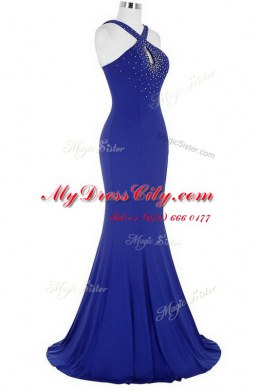 Mermaid With Train Royal Blue Dress for Prom Halter Top Sleeveless Brush Train Zipper
