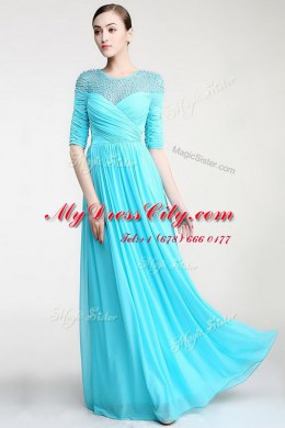 Colorful Scoop Aqua Blue Column/Sheath Beading and Ruching Homecoming Dress Zipper Chiffon Sleeveless Floor Length