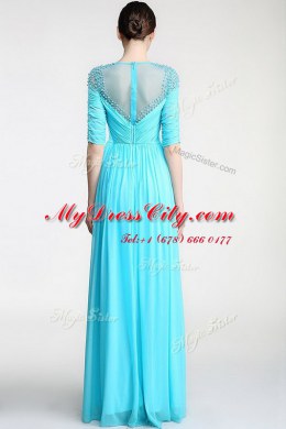 Colorful Scoop Aqua Blue Column/Sheath Beading and Ruching Homecoming Dress Zipper Chiffon Sleeveless Floor Length