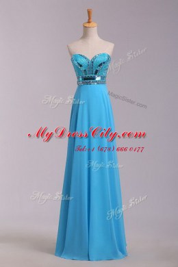 Baby Blue Empire Sweetheart Sleeveless Chiffon Floor Length Zipper Beading and Belt Prom Evening Gown