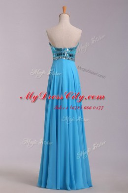 Baby Blue Empire Sweetheart Sleeveless Chiffon Floor Length Zipper Beading and Belt Prom Evening Gown