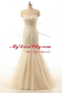 High Class Mermaid Sleeveless Brush Train Zipper With Train Beading Prom Dress