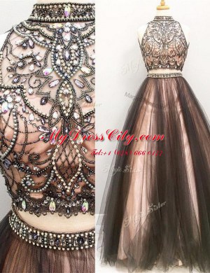 Edgy High-neck Sleeveless Homecoming Dress Floor Length Beading and Ruching Brown Tulle