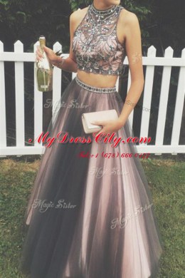 Edgy High-neck Sleeveless Homecoming Dress Floor Length Beading and Ruching Brown Tulle