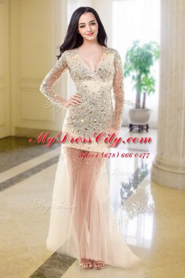 Perfect V-neck Long Sleeves Tulle Prom Dresses Beading Zipper