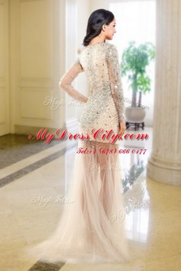 Perfect V-neck Long Sleeves Tulle Prom Dresses Beading Zipper