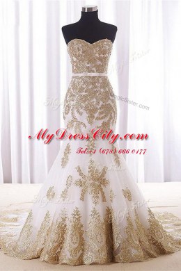 Pretty With Train Mermaid Sleeveless White Prom Gown Brush Train Lace Up