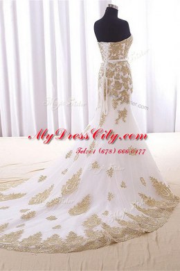 Pretty With Train Mermaid Sleeveless White Prom Gown Brush Train Lace Up