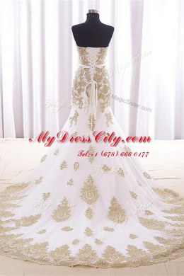 Pretty With Train Mermaid Sleeveless White Prom Gown Brush Train Lace Up