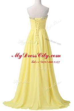 With Train Light Yellow Evening Dress Sweetheart Sleeveless Brush Train Lace Up