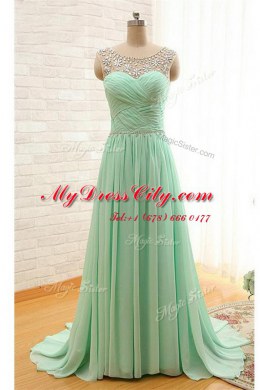 Fashionable Apple Green Homecoming Dress Prom and Party and For with Beading and Ruching Scoop Sleeveless Brush Train Zipper