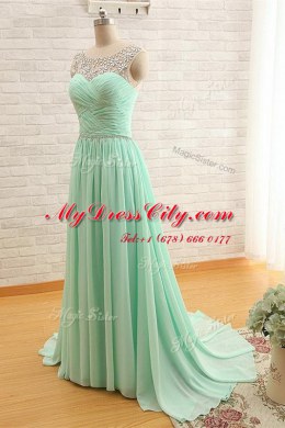 Fashionable Apple Green Homecoming Dress Prom and Party and For with Beading and Ruching Scoop Sleeveless Brush Train Zipper