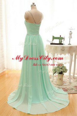 Fashionable Apple Green Homecoming Dress Prom and Party and For with Beading and Ruching Scoop Sleeveless Brush Train Zipper