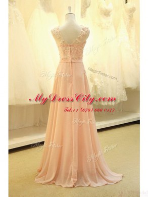 Scoop Peach Zipper Evening Dress Lace and Belt Sleeveless Sweep Train
