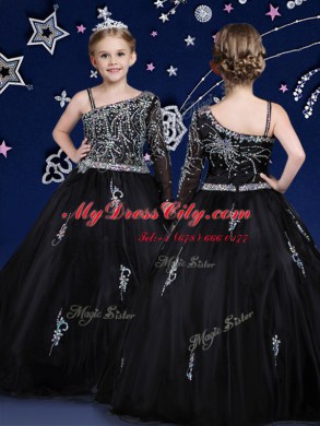 Asymmetric Sleeveless Casual Dresses Floor Length Beading Black Organza