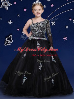 Asymmetric Sleeveless Casual Dresses Floor Length Beading Black Organza