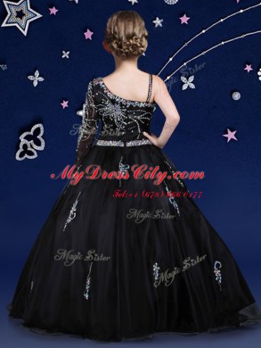 Asymmetric Sleeveless Casual Dresses Floor Length Beading Black Organza