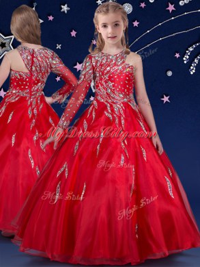 Floor Length Red Teens Party Dress Organza Sleeveless Beading and Ruffles