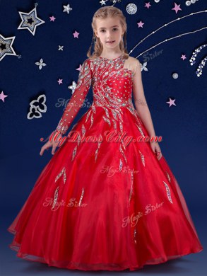 Floor Length Red Teens Party Dress Organza Sleeveless Beading and Ruffles