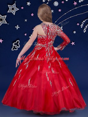 Floor Length Red Teens Party Dress Organza Sleeveless Beading and Ruffles