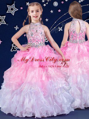 White and Pink And White Halter Top Zipper Beading and Ruffles Pageant Dress for Girls Sleeveless