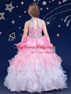 White and Pink And White Halter Top Zipper Beading and Ruffles Pageant Dress for Girls Sleeveless