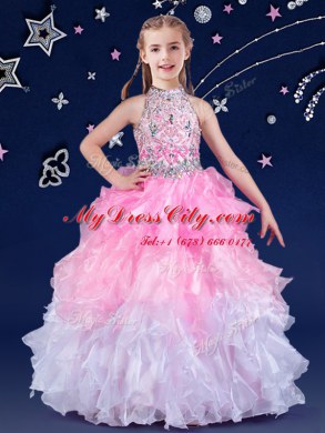 White and Pink And White Halter Top Zipper Beading and Ruffles Pageant Dress for Girls Sleeveless