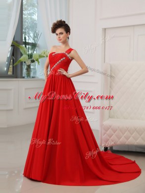 Dazzling One Shoulder Ball Gowns Sleeveless Red Evening Outfits Court Train Zipper
