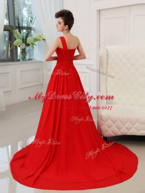 Dazzling One Shoulder Ball Gowns Sleeveless Red Evening Outfits Court Train Zipper