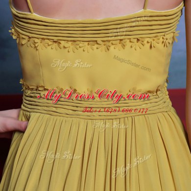 Suitable Gold Column/Sheath Appliques Dress for Prom Side Zipper Chiffon Sleeveless Floor Length