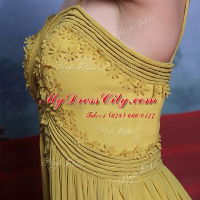Suitable Gold Column/Sheath Appliques Dress for Prom Side Zipper Chiffon Sleeveless Floor Length