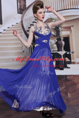 Dramatic Royal Blue Chiffon Zipper Dress for Prom Sleeveless Floor Length Sequins and Pleated