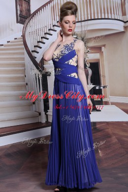 Dramatic Royal Blue Chiffon Zipper Dress for Prom Sleeveless Floor Length Sequins and Pleated
