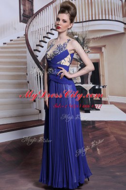 Dramatic Royal Blue Chiffon Zipper Dress for Prom Sleeveless Floor Length Sequins and Pleated