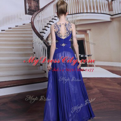 Dramatic Royal Blue Chiffon Zipper Dress for Prom Sleeveless Floor Length Sequins and Pleated
